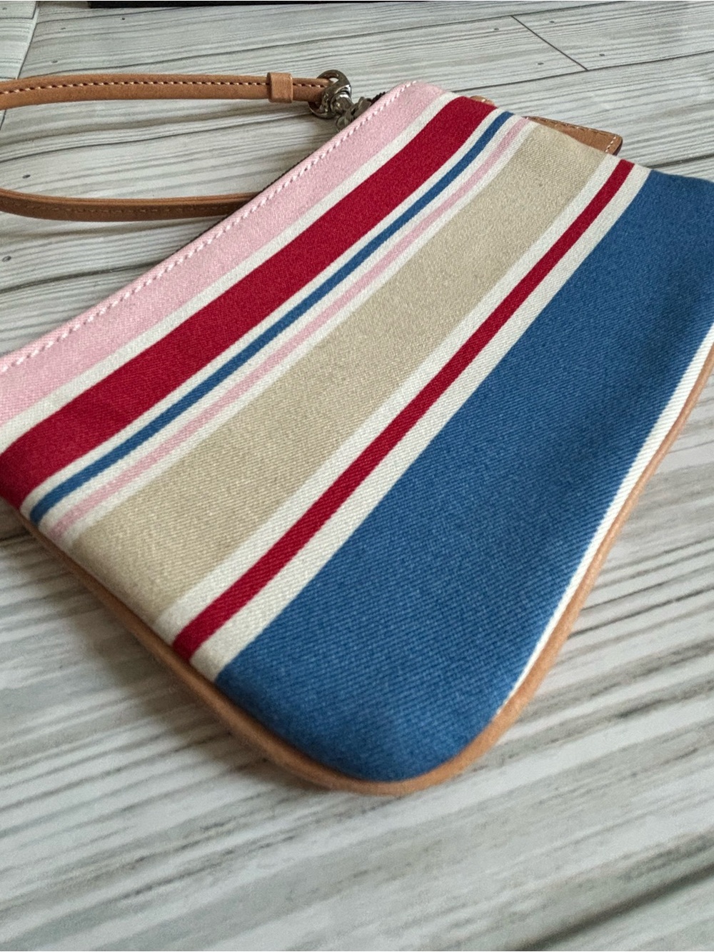 Coach Pink Red Blue Striped Canvas Wristlet - Picture 3 of 6